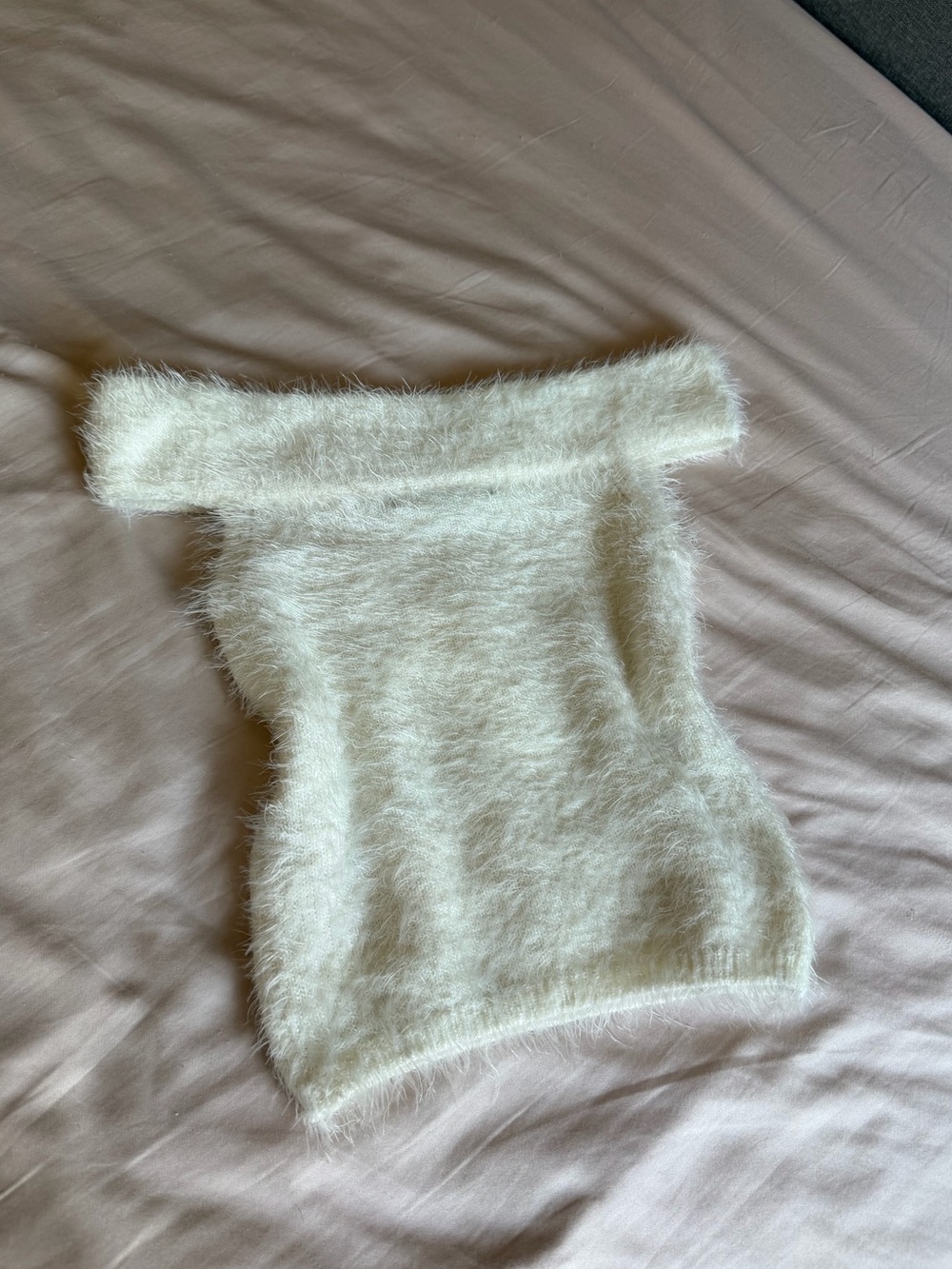 Forever 21 Off-the-Shoulder Fuzzy Knit Sweater Top - Cream